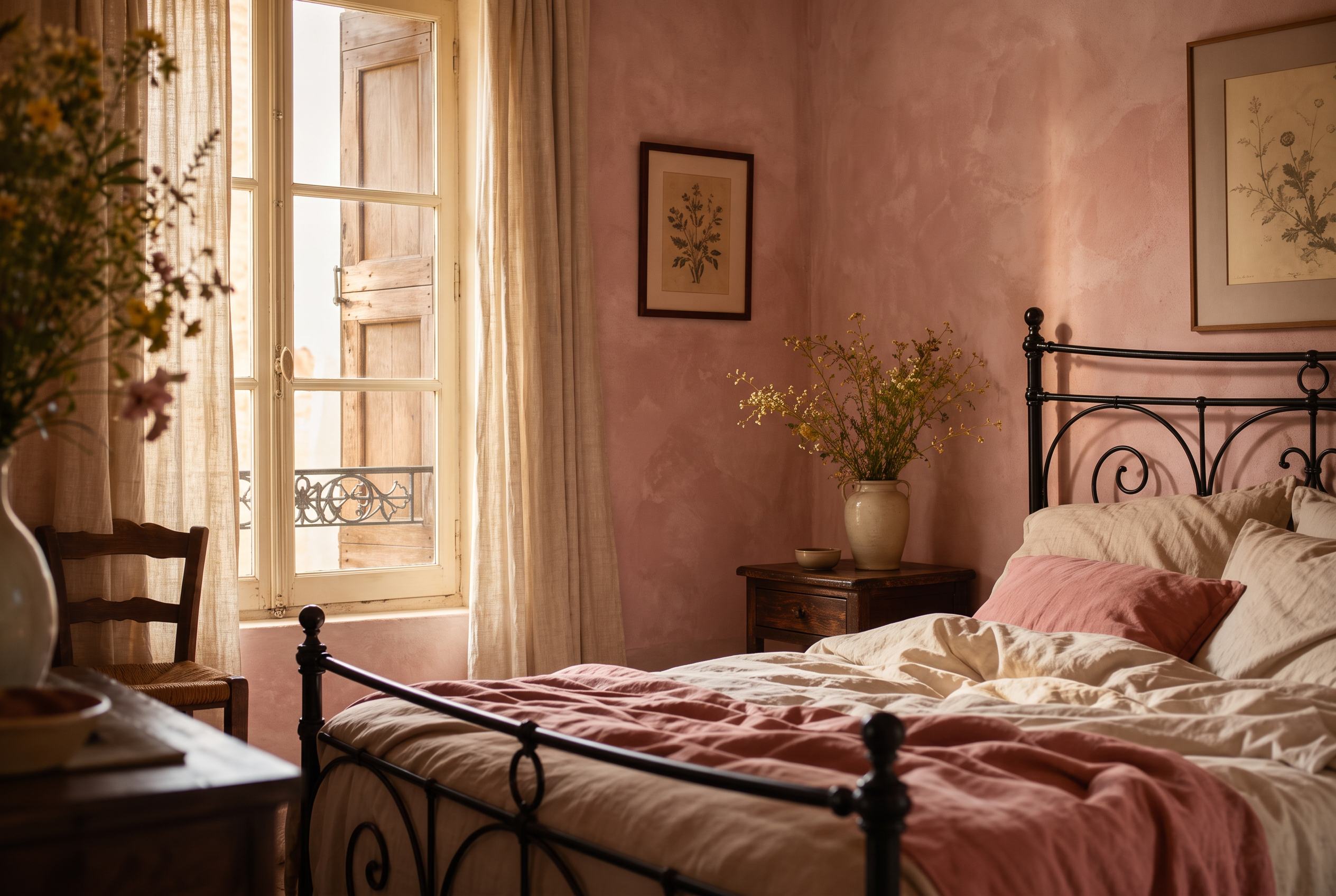 Intérieur lumineux d'une chambre d'hôtes française au petit matin.
